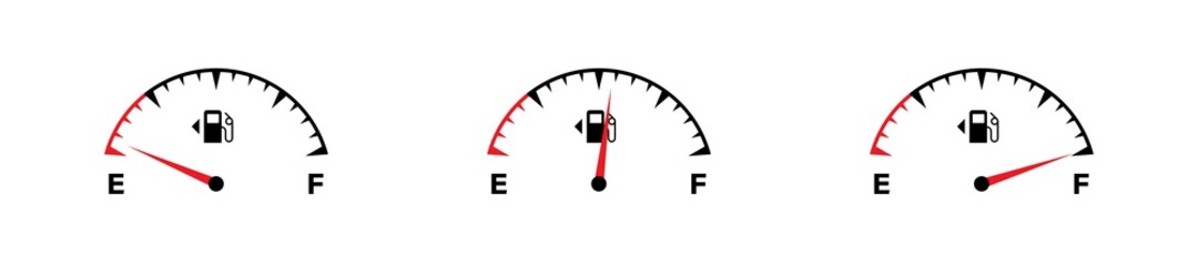 Fuel meter set icon. Full fuel gauge. Gas tank. Vector isolated flat - obrazy, fototapety, plakaty