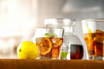 Ice tea on desk and free space for your decoration 