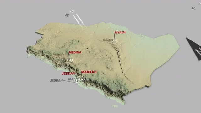 Seamless looping animation of the 3d terrain map of Saudi Arabia with the capital and the biggest cites in 4K resolution