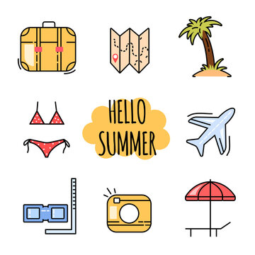 Travel icon with vector suitcase, map, palm tree and others in hand drawn style