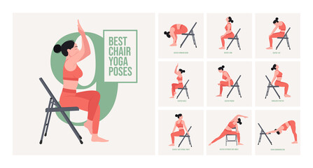 Chair yoga poses. Chair stretching exercises set. Woman workout fitness, aerobic and exercises. Vector Illustration.