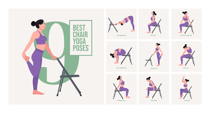 Chair yoga poses. Chair stretching exercises set. Woman workout fitness, aerobic and exercises. Vector Illustration.