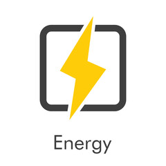 Logotipo con texto Energy con relampago en cuadrado con lineas en color gris y amarillo