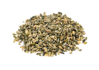 pile of freekeh wheat grains closeup on white