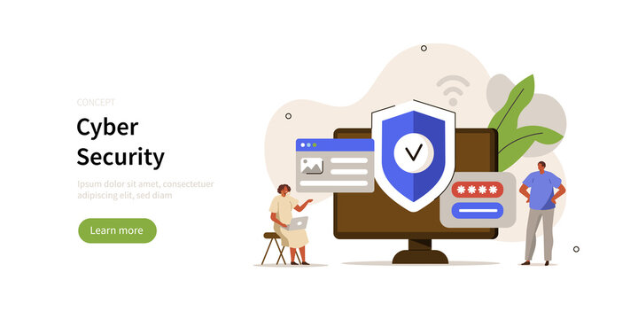 Characters working on computer and using сyber security services to protect personal data. User authorization, two steps authentication and information protection. Flat cartoon vector illustration.