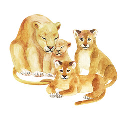 Watercolor hand-drawn card for Mother's Day. Hand-painted realistic illustration animals isolated on white background. Lion and baby. Family