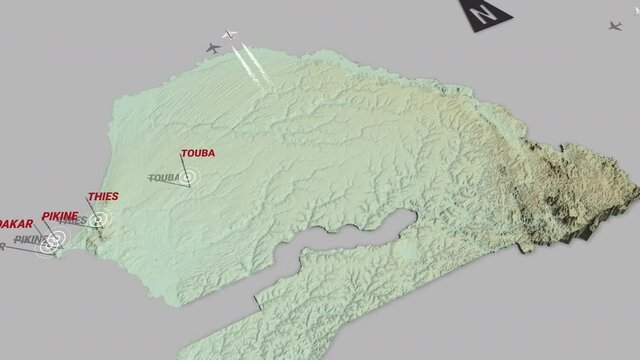 Seamless looping animation of the 3d terrain map of Senegal with the capital and the biggest cites in 4K resolution