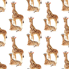 Wild animals in the savannah.  Watercolor Zoo seamless pattern.  Giraffe.