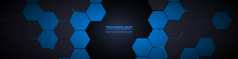 Dark gray and blue hexagonal technology abstract horizontal vector background. Blue bright energy flashes under hexagon in modern futuristic wide technology banner. Dark honeycomb texture grid.
