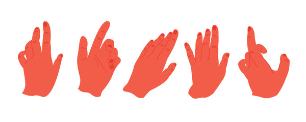 Set of different vector human hands. Manual gestures in positions. Hand-drawn illustration on white background. Stylish element of your design. All objects are isolated.