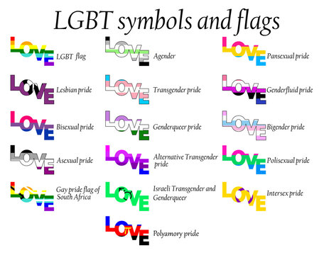 LGBT Official Pride Flag Collection, Lesbian, Gay, Bisexual and Transgender . Collection of Signs for People of Different Sexual Orientations.