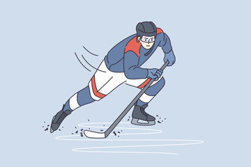 Professional sport and lifestyle concept. Young man hockey player cartoon character sliding on ice with stick in sports uniform vector illustration 