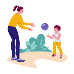 Mom and son play ball in nature. Active summer vacation concept. Vector illustration in flat style.
