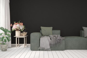 Black living room with sofa. Scandinavian interior design. 3D illustration