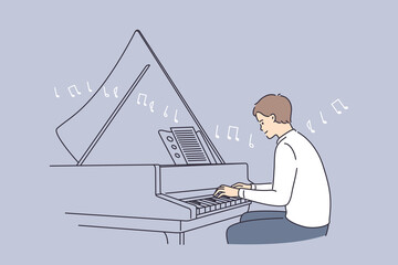 Professional musician and musical education concept. Young smiling man pianist cartoon character sitting playing piano melody with notes vector illustration  © Dzianis Vasilyeu