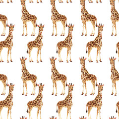 Wild animals in the savannah.  Watercolor Zoo seamless pattern.  Giraffe.
