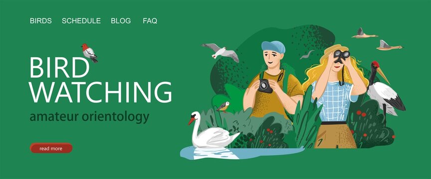 Orientology Landing page template. Man takes photos of animals in the wild nature. Girl looks through binoculars and watches the birds. Birdwatching, eco-friendly hobby. Cartoon vector illustration