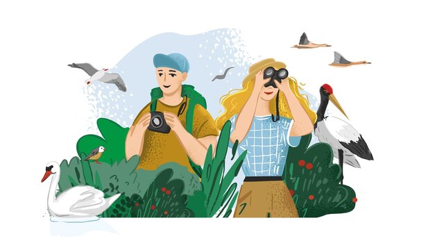 Man takes photos of animals in the wild nature. Girl looks through binoculars and watches the birds. Birdwatching, eco-friendly hobby. Banner concept about local tourism. Cartoon vector illustration