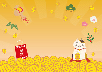 背景 日の出と招き猫 イラスト素材 黄色