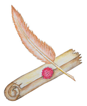 Watercolor illustration with pen and scroll.