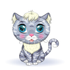Cat boy gray and spotted with beautiful eyes among flowers and balloons in cartoon style, colorful illustration for children. Greeting card