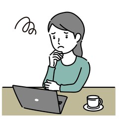 ノートパソコンで仕事中の困る姿の成人女性イラスト素材