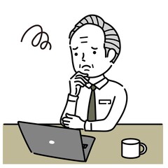ノートパソコンで仕事中の困る姿のシニア男性イラスト素材