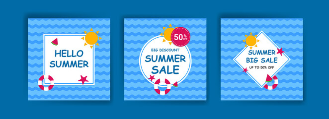 First day of summer. Hello summer. Summer sale. Banners vector for social media ads, web ads, business messages, discount flyers and big sale banner.