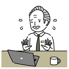Fototapeta na wymiar ノートパソコンで仕事中に慌てるシニア男性イラスト素材