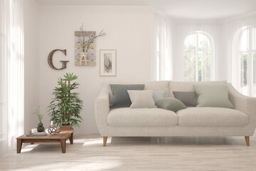 White living room with sofa. Scandinavian interior design. 3D illustration