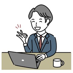 ノートパソコンで仕事中にOKポーズをする成人男性イラスト素材