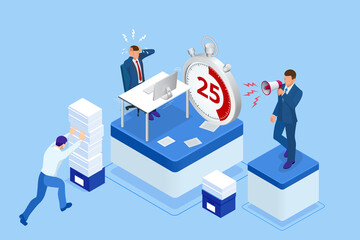 Isometric Project deadline. Time management on the road to success. Deadline Concept of overworked man Time to work Time management project plan schedule.