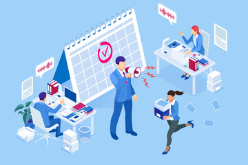 Isometric Project deadline. Time management on the road to success. Deadline Concept of overworked man Time to work Time management project plan schedule.