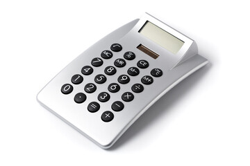 Electronic solar powered desktop calculator isolated on white background