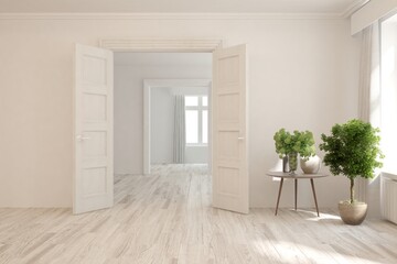 White empty room with open doors. Scandinavian interior design. 3D illustration