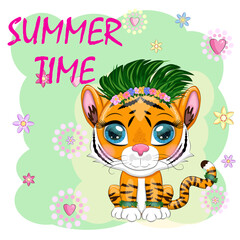 Cartoon tiger hula dancer. Hawaii, Vacation, Sea, Vacation. Summer is coming. Children's style, sweetheart. Symbol of 2022