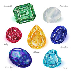Collection of hand painted watercolor gems