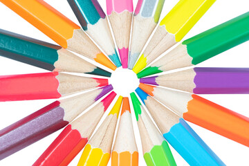 Fototapeta premium Macro shot colored pencils isolated on the white background with clipping path. Set of multicolored pencils isolated over white. Color pencils set