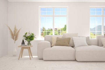 White living room with sofa and summer landscape in window. Scandinavian interior design. 3D illustration