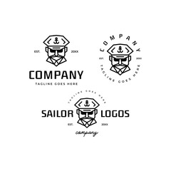 sailor captain face with mustache logo icon vector template