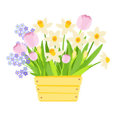 a wooden box filled with fragrant blossoming flowers and buds. vector illustration. suitable for decoration, postcards, invitations, wedding