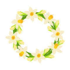 a wreath of blossoming fragrant daffodils and branches with buds. vector illustration.