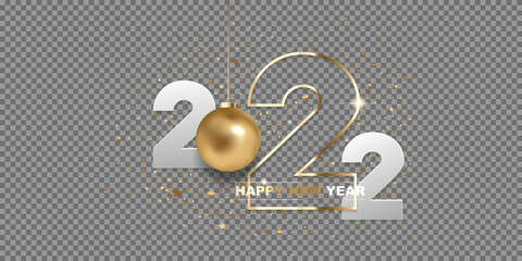 Happy new year 2022. White paper numbers and golden Christmas ball with confetti, isolated on transparent background. Holiday greeting card design.