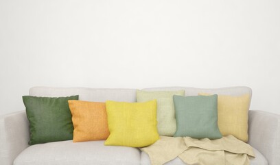 Mockup of white sofa with colorful pillows before the white wall. Interior concept. 3D illustration