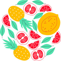 Flat vector icon of appetizing fruit salad. Abstract sliced pineapple, citrus ,lemon, tangerine. Funny colored typography poster, apparel print design, bar menu decoration. Isolated. EPS 10. 
