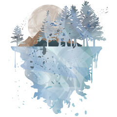 Watercolor winter forest landscape. Vector