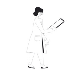 Young scientist. Female character wearing in medical uniform standing with smartphone and thinking about her project isolated on a white. Researcher reading experiment results. Intern or student.