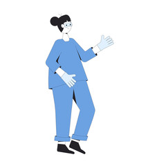 Young doctor, medic. Male character wearing in uniform and mask standing isolated on a white background. Medical staff. Intern or student. Vector line art illustration.