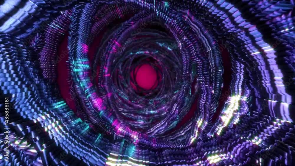 Sticker abstract background 3d shiny spiral and concentric shapes moving, fluctuating and glittering in a sp