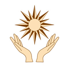 Mystical drawing, human hands hold the sun. Circle of a phase of the moon. Sacred geometry, card.
